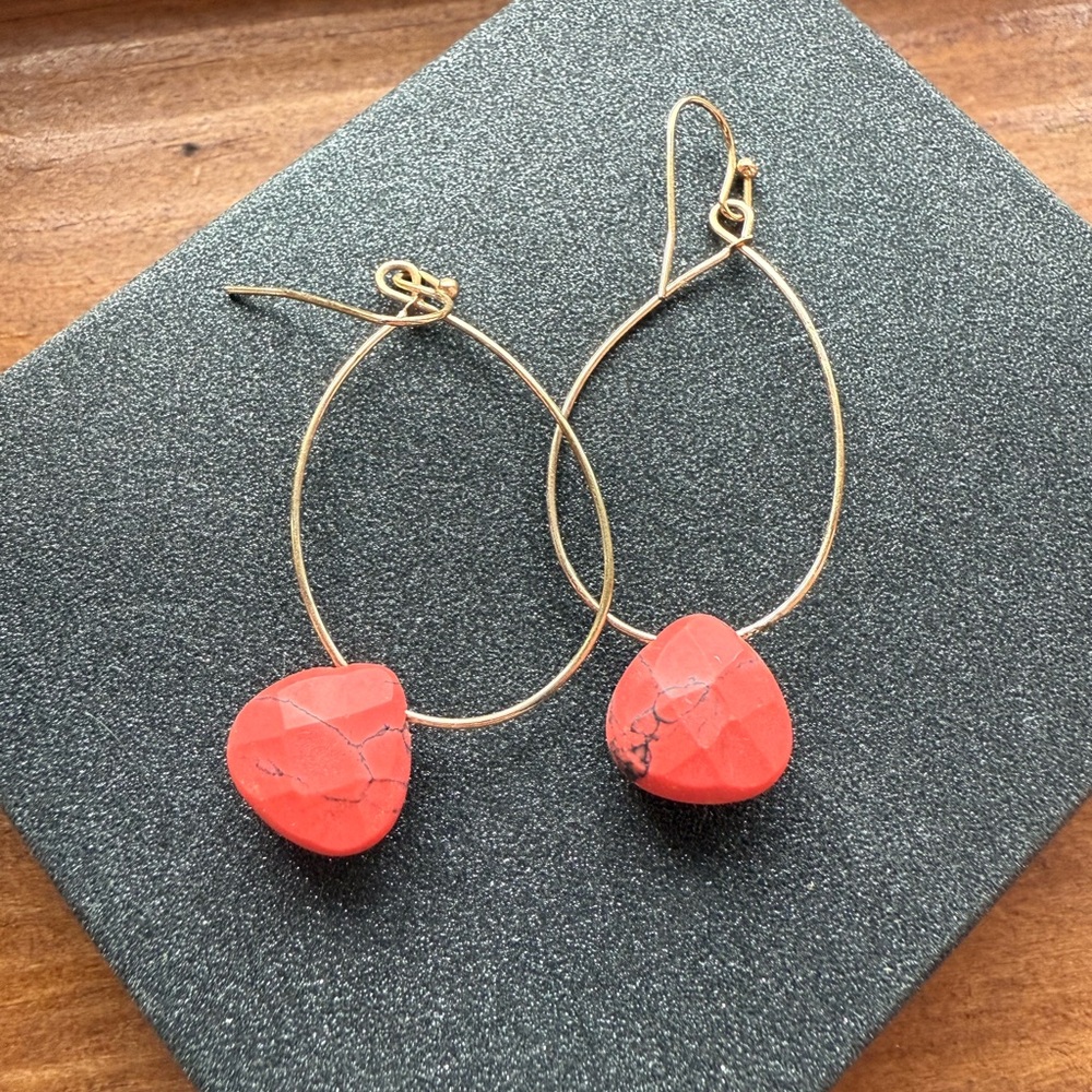 Gold Hoop Earrings with Red Stone Accent